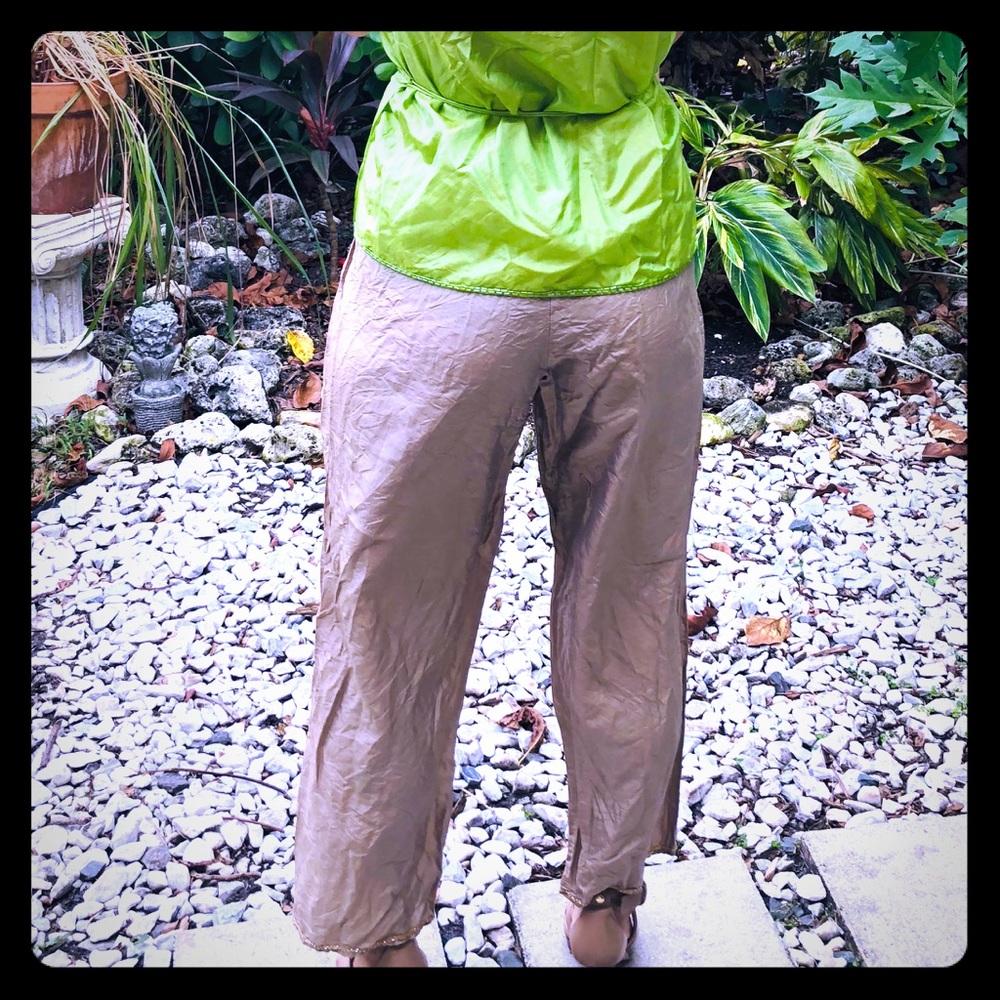 Base Sequined Beige Silk Drawstring Pants Sz S New - image 1